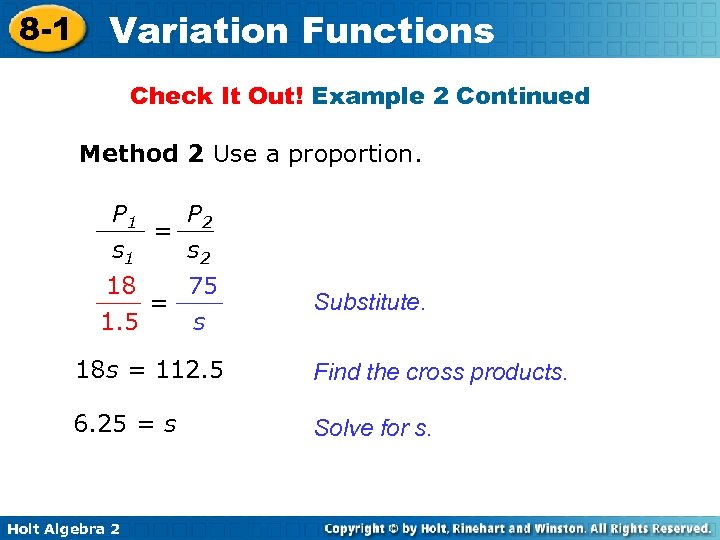 8 -1 Variation Functions Check It Out! Example 2 Continued Method 2 Use a