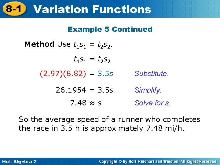 8 -1 Variation Functions Example 5 Continued Method Use t 1 s 1 =