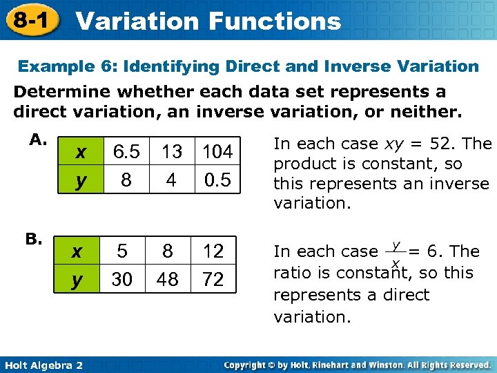8 -1 Variation Functions Example 6: Identifying Direct and Inverse Variation Determine whether each