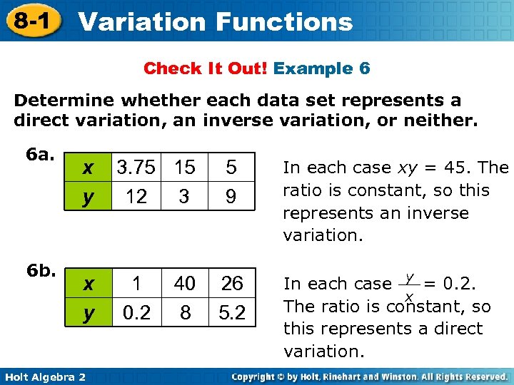 8 -1 Variation Functions Check It Out! Example 6 Determine whether each data set
