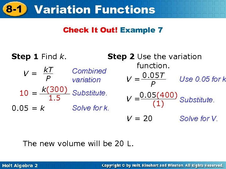 8 -1 Variation Functions Check It Out! Example 7 Step 1 Find k. Step