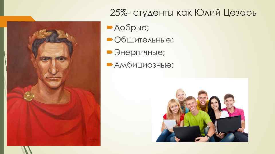 25%- студенты как Юлий Цезарь Добрые; Общительные; Энергичные; Амбициозные; 