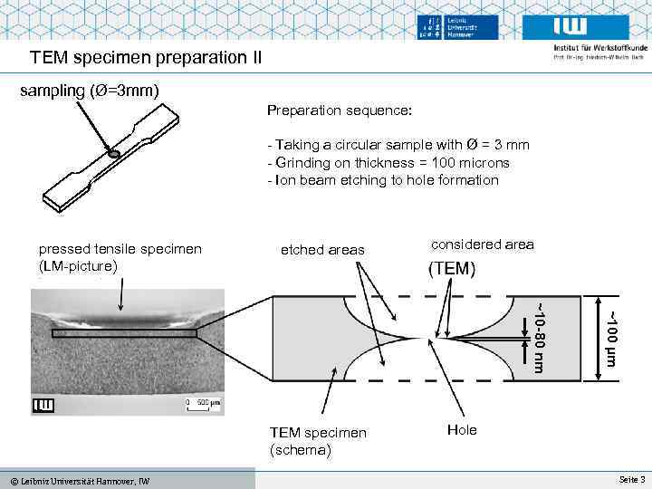 TEM specimen preparation II sampling (Ø=3 mm) Preparation sequence: - Taking a circular sample