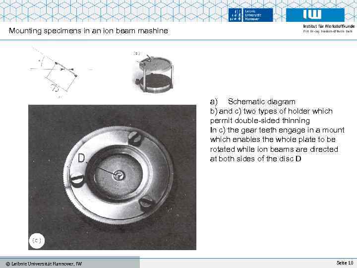 Mounting specimens in an ion beam mashine a) Schematic diagram b) and c) two
