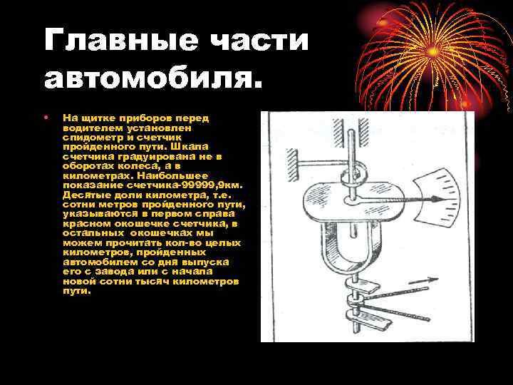 Главные части автомобиля. • На щитке приборов перед водителем установлен спидометр и счетчик пройденного