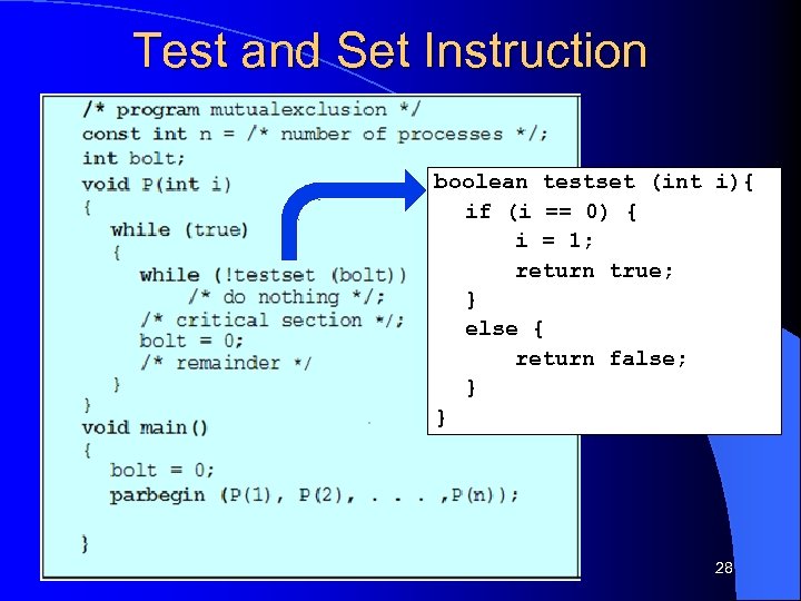 Test and Set Instruction boolean testset (int i){ if (i == 0) { i