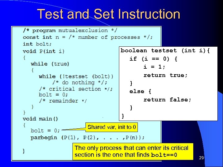 Test and Set Instruction boolean testset (int i){ if (i == 0) { i