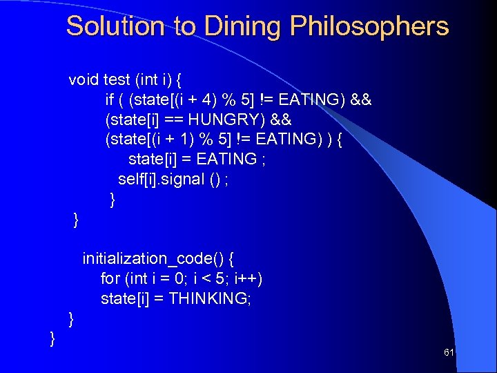 Solution to Dining Philosophers void test (int i) { if ( (state[(i + 4)