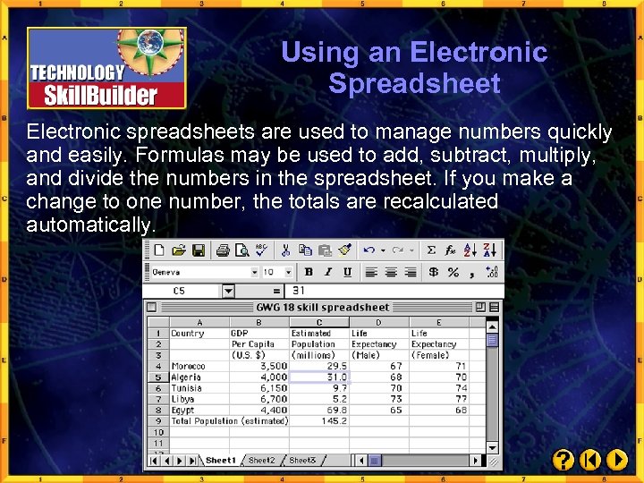 Using an Electronic Spreadsheet Electronic spreadsheets are used to manage numbers quickly and easily.