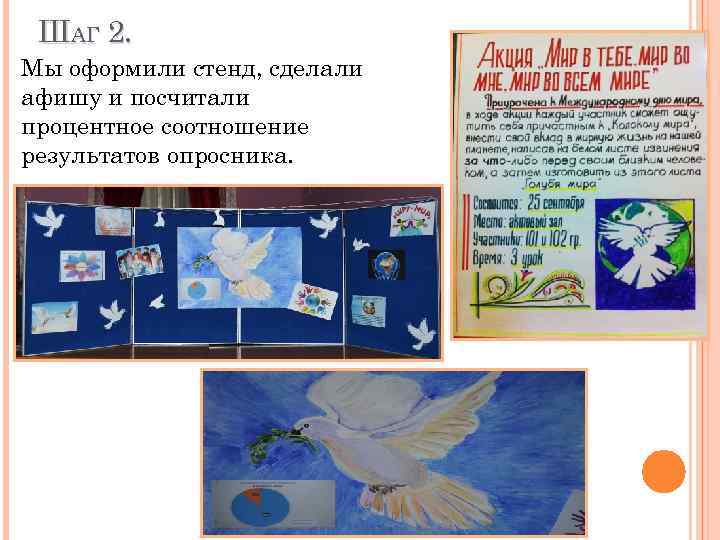 ШАГ 2. Мы оформили стенд, сделали афишу и посчитали процентное соотношение результатов опросника. 