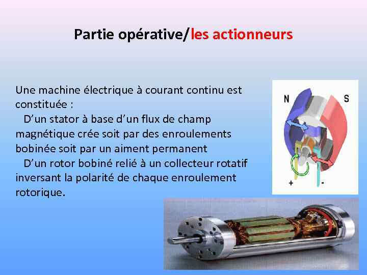 Partie opérative/les actionneurs Une machine électrique à courant continu est constituée : D’un stator