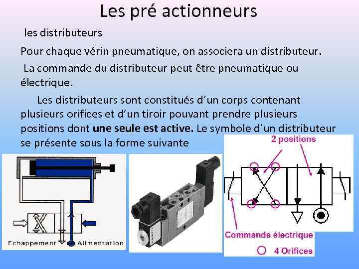 Les pré actionneurs les distributeurs Pour chaque vérin pneumatique, on associera un distributeur. La