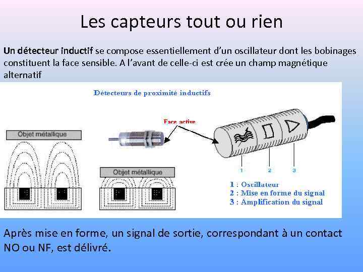 Les capteurs tout ou rien Un détecteur inductif se compose essentiellement d’un oscillateur dont