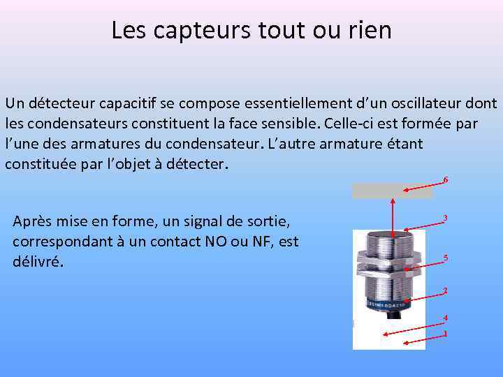 Les capteurs tout ou rien Un détecteur capacitif se compose essentiellement d’un oscillateur dont