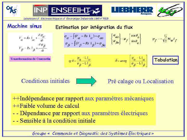 Laboratoire d' Electrotechnique et d' Electronique Industrielle UMR n° 5828 Machine sinus Estimation par