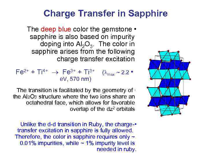 Charge Transfer in Sapphire The deep blue color the gemstone • sapphire is also
