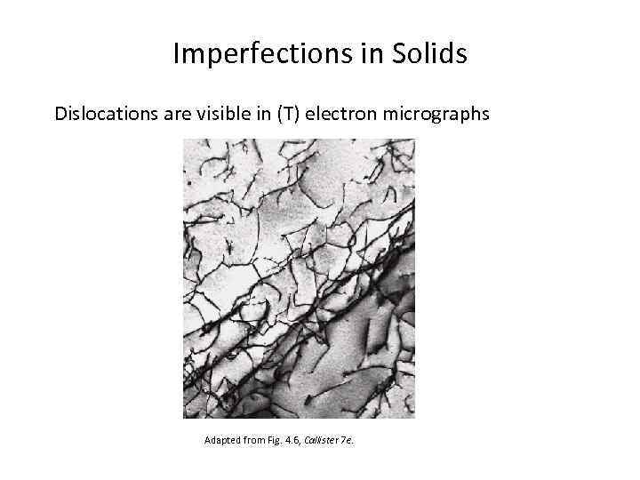 Imperfections in Solids Dislocations are visible in (T) electron micrographs Adapted from Fig. 4.