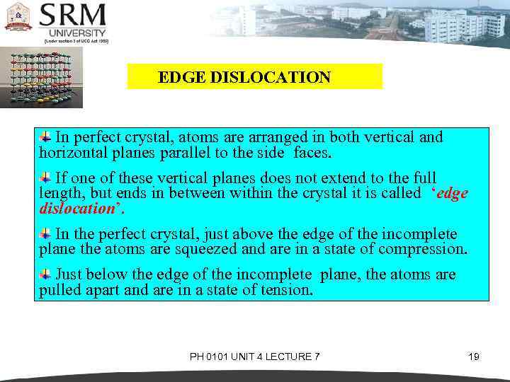 EDGE DISLOCATION In perfect crystal, atoms are arranged in both vertical and horizontal planes