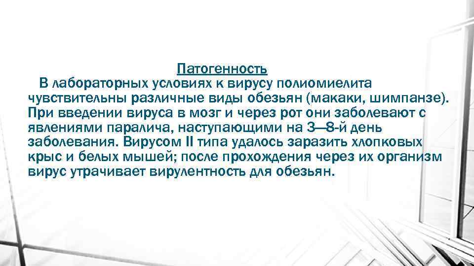 Патогенность В лабораторных условиях к вирусу полиомиелита чувствительны различные виды обезьян (макаки, шимпанзе). При