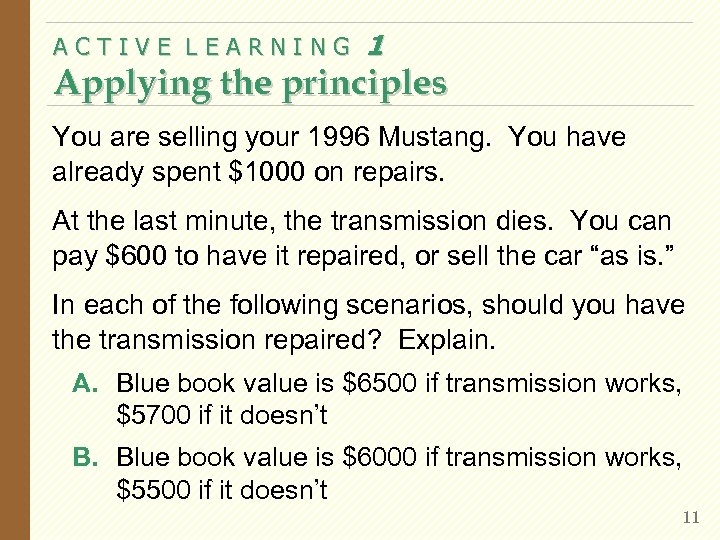 ACTIVE LEARNING 1 Applying the principles You are selling your 1996 Mustang. You have