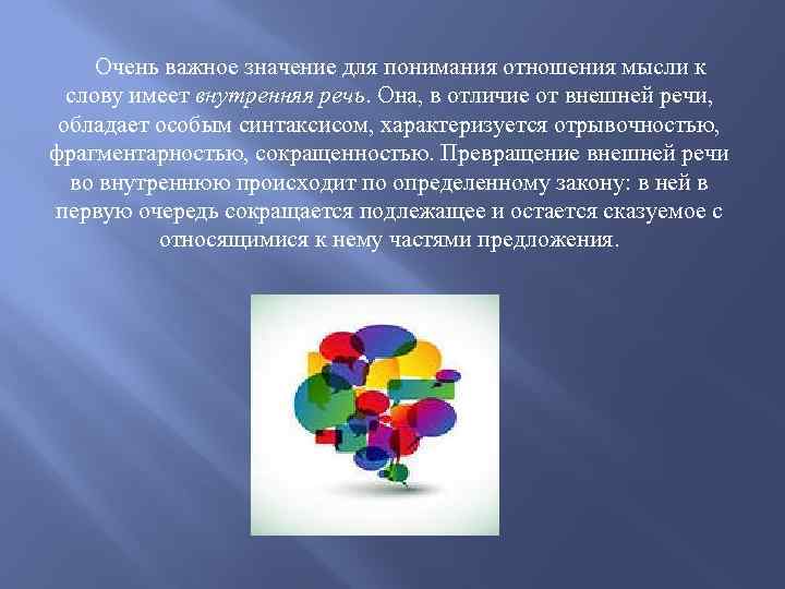 Очень важное значение для понимания отношения мысли к слову имеет внутренняя речь. Она, в