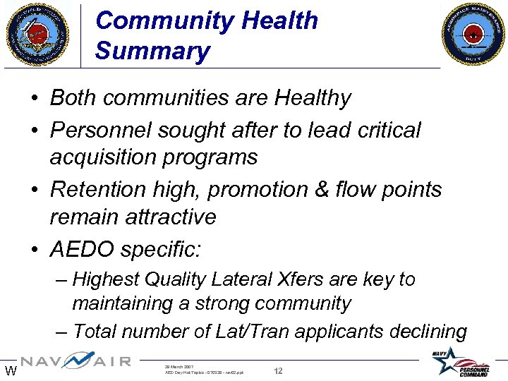 Community Health Summary • Both communities are Healthy • Personnel sought after to lead