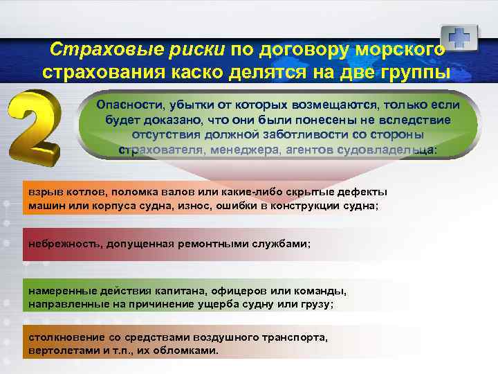 Страховые риски по договору морского страхования каско делятся на две группы Опасности, убытки от
