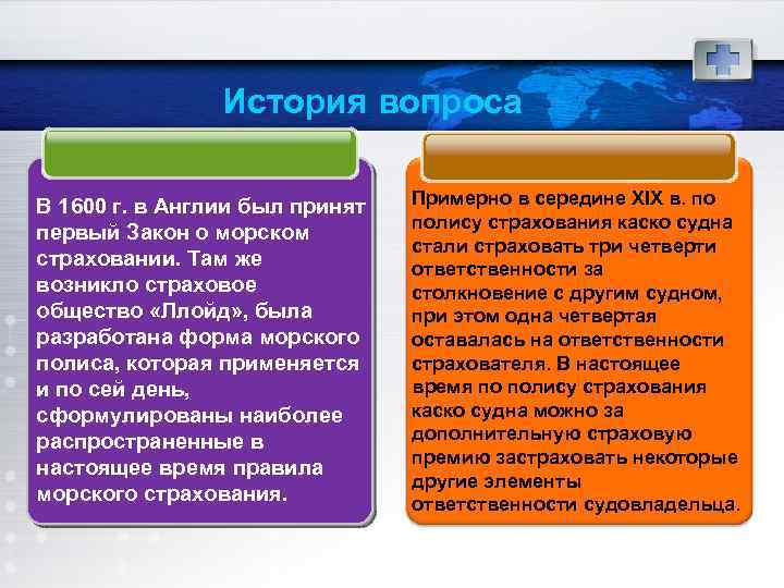 История вопроса В 1600 г. в Англии был принят первый Закон о морском страховании.