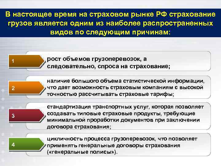 В настоящее время на страховом рынке РФ страхование грузов является одним из наиболее распространенных