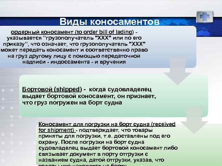Виды коносаментов ордерный коносамент (to order bill of lading) указывается “грузополучатель 
