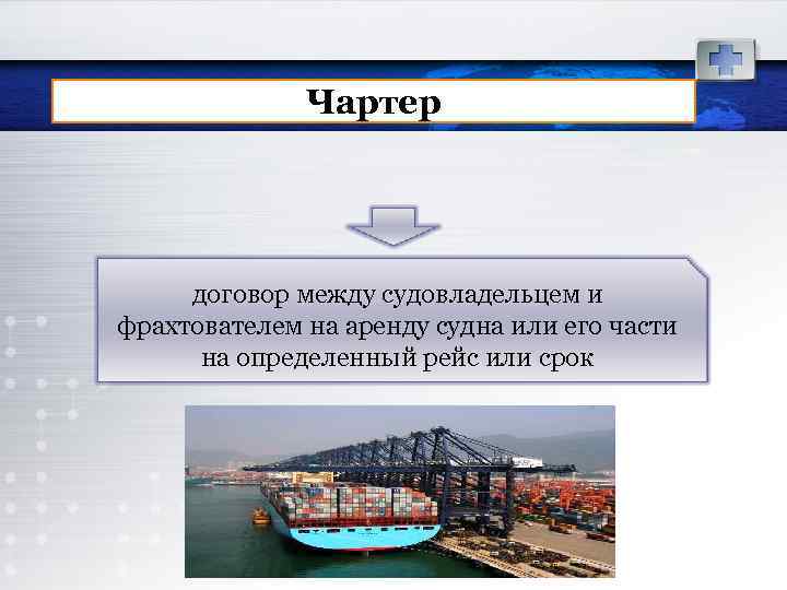 Чартер договор между судовладельцем и фрахтователем на аренду судна или его части на определенный