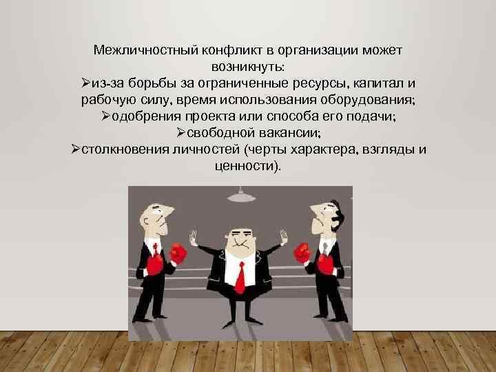 Межличностный конфликт в организации может возникнуть: Øиз-за борьбы за ограниченные ресурсы, капитал и рабочую