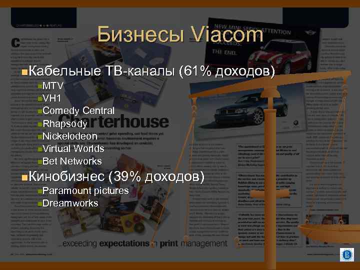 Бизнесы Viacom Кабельные ТВ-каналы (61% доходов) MTV VH 1 Comedy Central Rhapsody Nickelodeon Virtual