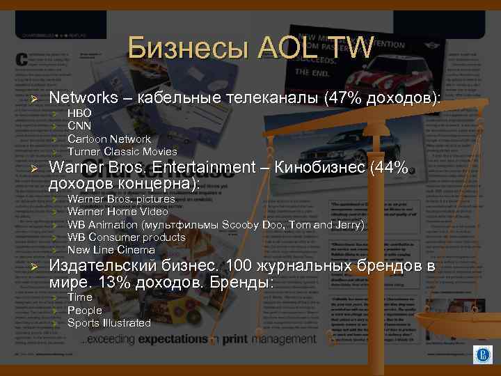 Бизнесы AOL TW Ø Networks – кабельные телеканалы (47% доходов): Ø Ø Ø Warner