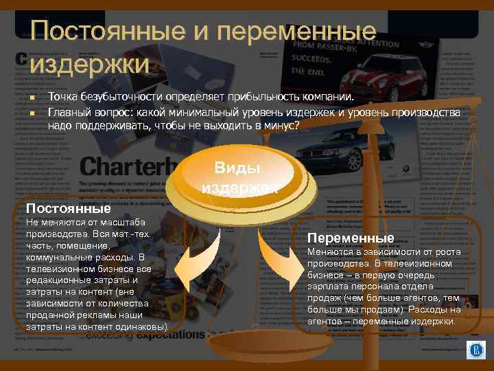 Постоянные и переменные издержки Точка безубыточности определяет прибыльность компании. Главный вопрос: какой минимальный уровень