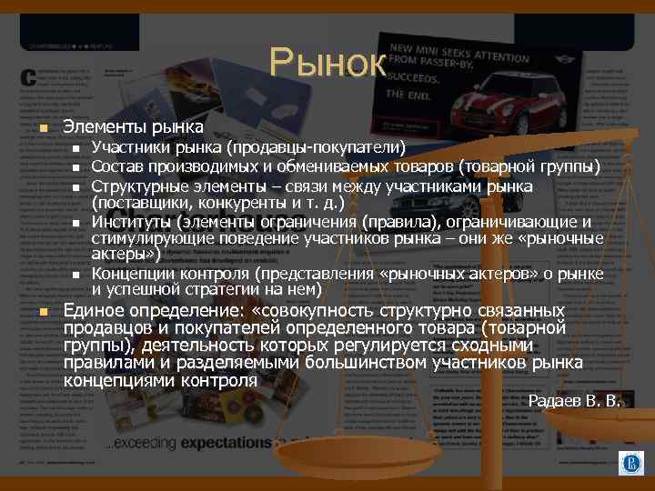 Рынок Элементы рынка Участники рынка (продавцы-покупатели) Состав производимых и обмениваемых товаров (товарной группы) Структурные