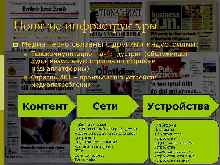 Понятие инфраструктуры p Медиа тесно связаны с другими индустриями: n n Телекоммуникационная индустрия (обслуживает