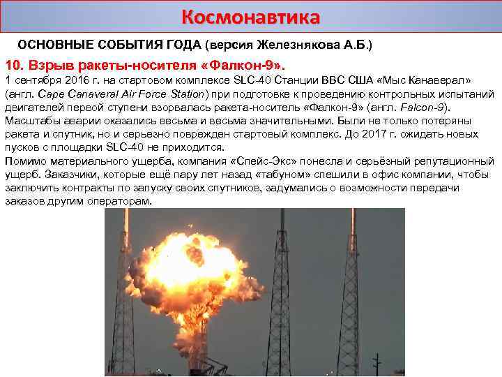 Космонавтика ОСНОВНЫЕ СОБЫТИЯ ГОДА (версия Железнякова А. Б. ) 10. Взрыв ракеты-носителя «Фалкон-9» .