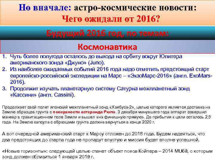 Но вначале: астро-космические новости: Чего ожидали от 2016? Будущий 2016 год, по темам: Космонавтика