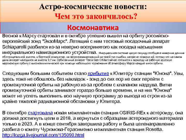 Астро-космические новости: Чем это закончилось? Космонавтика Весной к Марсу стартовал и в октябре успешно