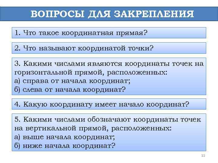 ВОПРОСЫ ДЛЯ ЗАКРЕПЛЕНИЯ 1. Что такое координатная прямая? 2. Что называют координатой точки? 3.