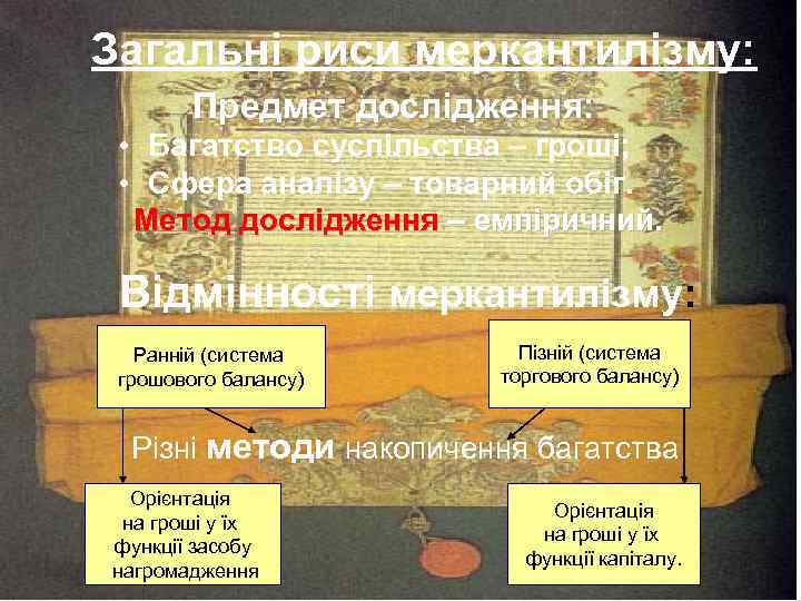 Загальні риси меркантилізму: Предмет дослідження: • Багатство суспільства – гроші; • Сфера аналізу –