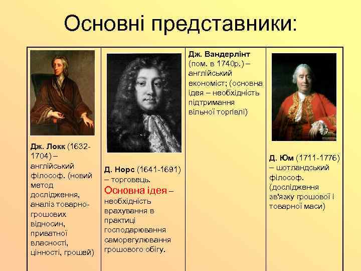 Основні представники: Дж. Вандерлінт (пом. в 1740 р. ) – англійський економіст; (основна ідея