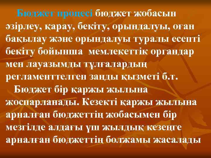  Бюджет процесі бюджет жобасын әзірлеу, қарау, бекіту, орындалуы, оған бақылау және орындалуы туралы