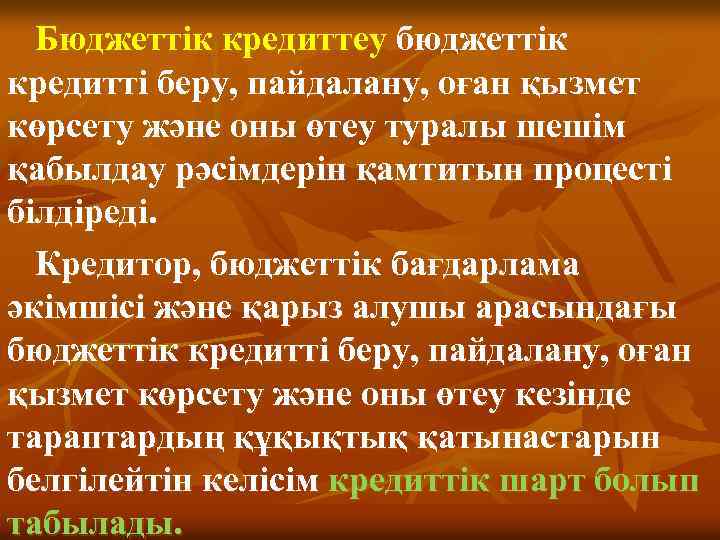 Бюджеттiк кредиттеу бюджеттiк кредиттi беру, пайдалану, оған қызмет көрсету және оны өтеу туралы шешiм