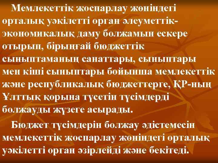 Мемлекеттік жоспарлау жөніндегі орталық уәкілетті орган әлеуметтікэкономикалық даму болжамын ескере отырып, бірыңғай бюджеттік сыныптаманың