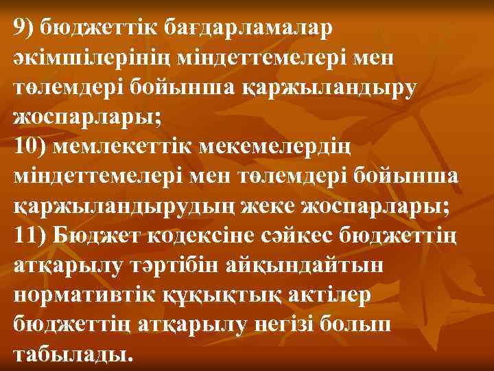 9) бюджеттік бағдарламалар әкімшілерінің міндеттемелері мен төлемдері бойынша қаржыландыру жоспарлары; 10) мемлекеттік мекемелердің міндеттемелері