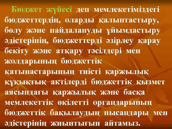 Бюджет жүйесі деп мемлекетіміздегі бюджеттердің, оларды қалыптастыру, бөлу және пайдалануды ұйымдастыру әдістерінің, бюджеттерді әзірлеу