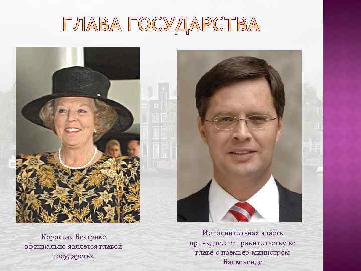 Королева Беатрикс официально является главой государства Исполнительная власть принадлежит правительству во главе с премьер-министром