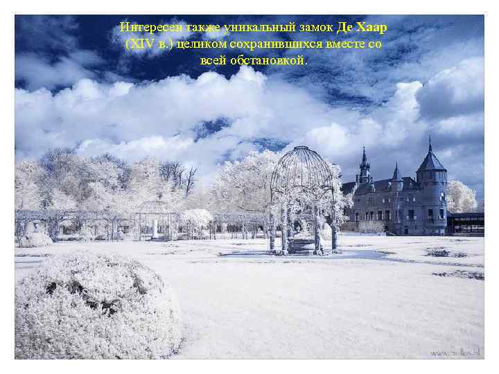 Интересен также уникальный замок Де Хаар (XIV в. ) целиком сохранившихся вместе со всей
